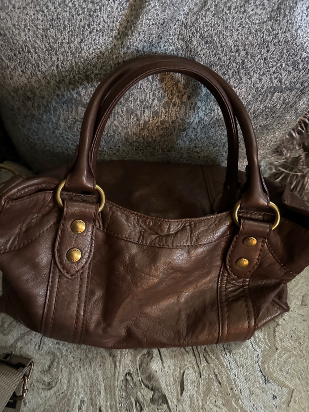 Frye Brown Leather Double-Handle Shoulder Bag with Brass Accents